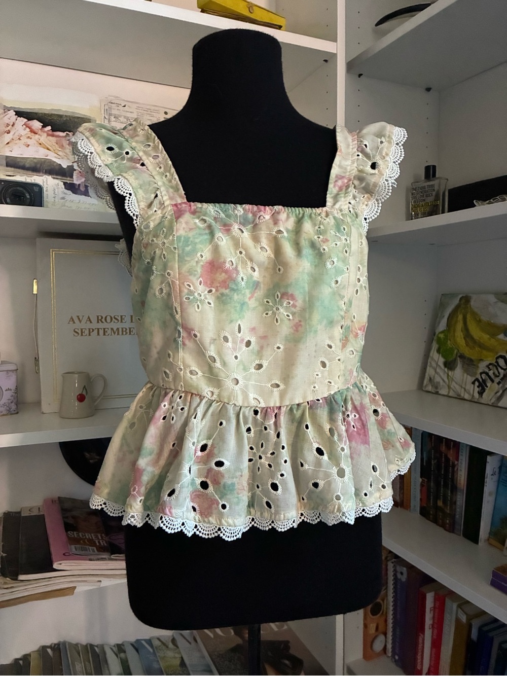Floral Eyelet Peplum Tank Top - Pastel Green & Pink